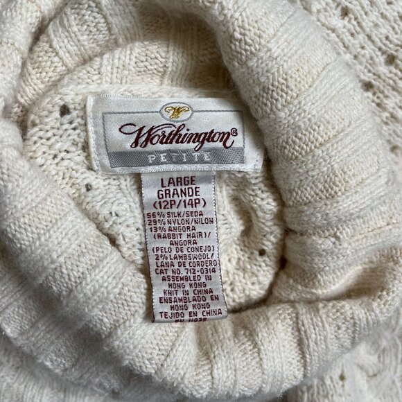 Worthington Vintage Silk Angora Blend Cable Knit Turtleneck Sweater Cream Large - Picture 7 of 8